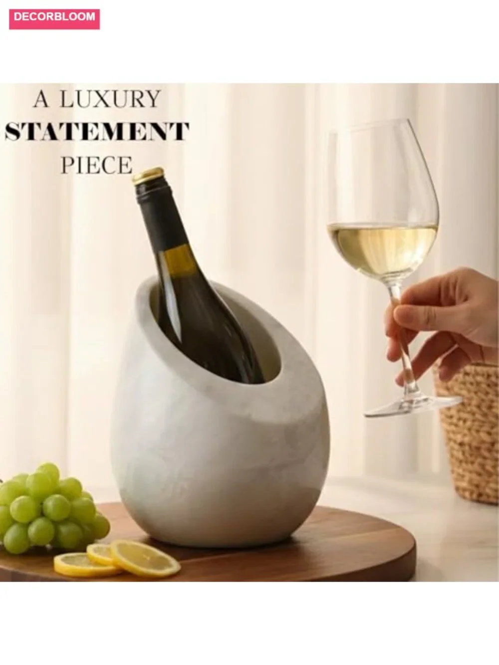 Marble Wine Chiller Bucket Set with 2 Coasters - 750ml Bottle Cooler for Party,